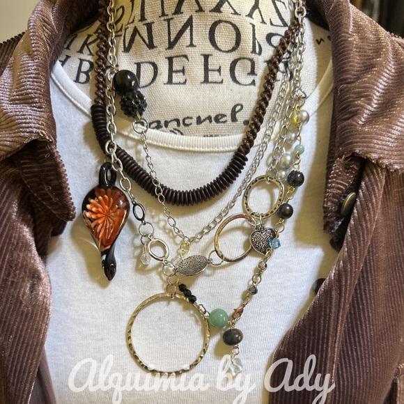 Stunning Silver and Gold Layered Necklace with onyx aventurine Stone and Charms